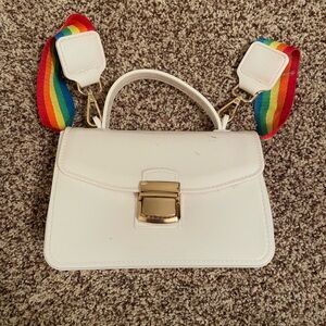 Chic White Handbag with Rainbow Strap